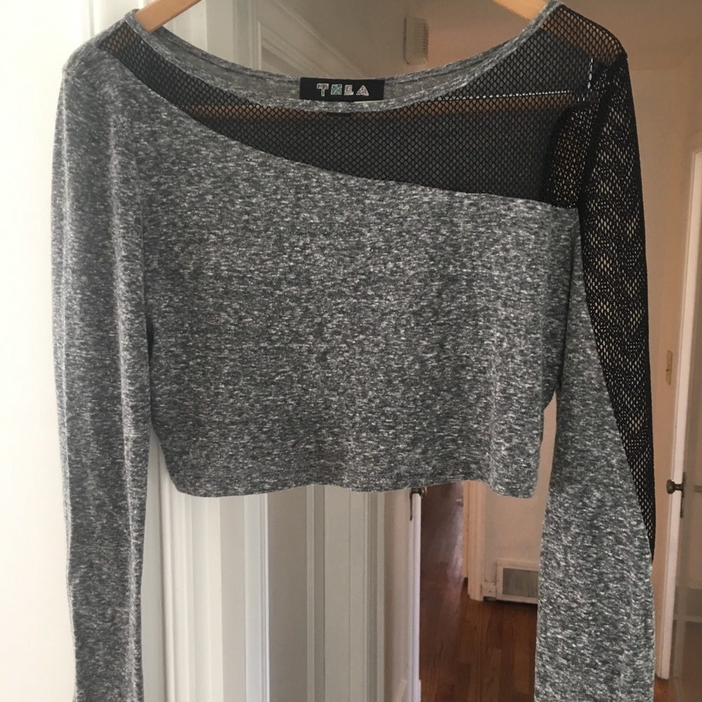 Tela Grey & Black Mesh Shoulder Crop Top M